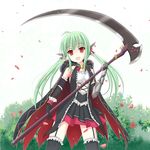  battle_girl_high_school cape empty_eyes green_hair long_hair looking_at_viewer red_eyes sadokurone sadone scythe solo thighhighs twintails weapon 