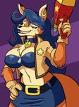  2017 anthro badge beauty_mark belt big_breasts blue_hair breasts brown_eyes canine carmelita_fox chest_tuft cleavage clothed clothing collar curves ear_piercing eyebrows eyelashes fangs female fox gloves gun hair hand_on_hip handgun invalid_tag jacket looking_at_viewer mammal midriff navel open_mouth piercing pistol police prinnydood_(artist) ranged_weapon skimpy skirt sly_cooper_(series) teeth tuft video_games weapon 
