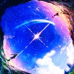  1girl bad_id bad_pixiv_id building cloud comet diffraction_spikes kimi_no_na_wa miyamizu_mitsuha pixlem sky star_(sky) starry_sky tachibana_taki 