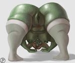  2017 anus areola bent_over big_breasts big_butt blue_eyes breasts brown_hair butt clothing diadorin english_text esmeralda_(nightfaux) female goblin green_anus green_lips green_nipples green_pussy hair huge_butt humanoid legwear long_hair looking_at_viewer mostly_nude nipples not_furry pubes pussy rear_view signature smile solo sweat text 