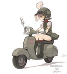  2016 band_uniform boots brown_hair character_name cross-laced_footwear dated flipped_hair full_body gloves green_footwear ground_vehicle helmet knee_boots kokudou_juunigou lace-up_boots motor_vehicle puffy_short_sleeves puffy_sleeves riding scooter short_hair short_sleeves signature simple_background solo wanda_(wonder_festival) white_background white_gloves wonder_festival wonder_festival_mascots 