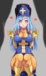  :o bangs blue_hair blue_hat blush bodysuit boots breasts cross cross_print dragon_quest dragon_quest_iii eyebrows_visible_through_hair gem gloves grey_background hat heart heart-shaped_pupils highres large_breasts long_hair looking_at_viewer looking_through_legs mitre orange_bodysuit out_of_frame priest_(dq3) print_hat red_eyes serin199 simple_background solo_focus squatting symbol-shaped_pupils tabard yellow_gloves 