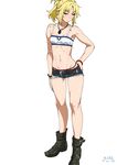  bandeau bare_legs blonde_hair boots braid casual closed_eyes fate/apocrypha fate_(series) jewelry midriff mordred_(fate) mordred_(fate)_(all) navel necklace ponytail short_shorts shorts sleeveless solo strapless suna 