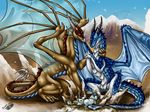  2013 blue_eyes blue_scales brown_skin claws day detailed_background digital_media_(artwork) dragon featureless_crotch feral horn membranous_wings natoli nest outside pale_eyes scales sitting sky smile watermark wings 