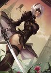  ass black_dress black_gloves black_legwear blindfold breasts closed_mouth commentary covered_nipples dated dress dutch_angle flower gloves hairband holding holding_sword holding_weapon juliet_sleeves kachima katana large_breasts long_sleeves looking_at_viewer nier_(series) nier_automata pelvic_curtain pod_(nier_automata) puffy_sleeves short_hair silver_hair sword thighhighs watermark weapon web_address yorha_no._2_type_b 
