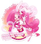  ;d animal_ears artist_name blush bow bunny_ears cake_hair_ornament choker cowboy_shot cure_whip earrings extra_ears food food_themed_hair_ornament fruit gloves hagihara_takeo hair_ornament heart heart-shaped_pupils jewelry kirakira_precure_a_la_mode long_hair looking_at_viewer macaron magical_girl one_eye_closed open_mouth pink_bow pink_choker pink_hair precure smile solo strawberry symbol-shaped_pupils text_focus twintails twitter_username usami_ichika v white_gloves 
