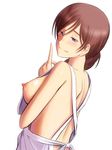  apron blush bonnie_(rsg) breasts brown_hair finger_to_mouth half-closed_eyes lavender_hair long_hair looking_back medium_breasts naked_apron nipples original shoulder_blades smile solo 