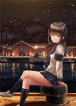  black_legwear blue_skirt blush boat bollard brown_footwear building closed_mouth crossed_legs from_side fubuki_(kantai_collection) green_eyes ichikawa_feesu kantai_collection night night_sky ocean ponytail reflection school_uniform serafuku shoes short_sleeves sitting skirt sky smile snowing solo tree water watercraft 