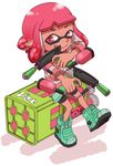  absurdres bike_shorts dark_skin domino_mask dual_wielding full_body high_tops highres holding inkling inkling_(language) looking_at_viewer mask pink_eyes pink_hair shirt shoes short_hair simple_background sitting smile sneakers solo splat_dualies_(splatoon) splatoon_(series) splatoon_2 striped striped_shirt t-shirt tentacle_hair tongue tongue_out weapon white_background yoshizawa_miyabi 