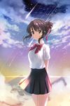  black_hair blush brown_eyes cloud cloudy_sky hair_ribbon highres ice_(ice_aptx) kimi_no_na_wa miyamizu_mitsuha ponytail red_ribbon ribbon school_uniform shooting_star short_hair sky smile solo 