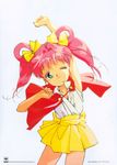 90s arm_up chikanaga_sanae child cloak closed_mouth cowboy_shot green_eyes hair_ribbon highres idol_tenshi_youkoso_youko long_hair looking_at_viewer non-web_source not_for_sale one_eye_closed pink_hair red_cloak ribbon simple_background skirt smile solo tanaka_youko tied_hair twintails white_background yellow_ribbon yellow_skirt 