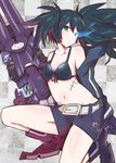  belt bikini black_hair black_rock_shooter black_rock_shooter_(character) blue_eyes boots breasts burning_eye cleavage front-tie_top groin hasso_(goodbad963) jacket midriff navel off_shoulder scar short_shorts shorts small_breasts solo swimsuit twintails weapon 