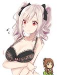  bare_shoulders black_bra blush bra breast_envy breast_hold breasts brown_eyes brown_hair cleavage collarbone commentary_request crossed_arms drill_hair frilled_bra frills hair_ornament idolmaster idolmaster_cinderella_girls kanzaki_ranko large_breasts long_hair looking_at_viewer multiple_girls owafu ponytail red_eyes silver_hair simple_background takamori_aiko twin_drills twintails underwear white_background 