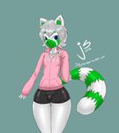  blue_eyes bulge clothing colored_nails fur girly green_fur hair jacket jollysaunter looking_at_viewer male mammal red_panda shorts smile white_fur white_hair 