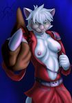  2017 absurd_res anthro areola breasts capcom cat cats_don&#039;t_dance clothed clothing erect_nipples exposed_breasts feline female fingerless_gloves fur gloves hair hi_res mammal nipples open_shirt resident_evil sacrificabominat sawyer_(cats_don&#039;t_dance) video_games white_fur white_hair william_birkin 