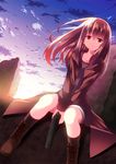  a_flow arms_between_legs bad_id bad_pixiv_id brown_eyes brown_hair collarbone gun handgun holding holding_gun holding_weapon long_hair m1911 original outdoors sitting solo weapon 