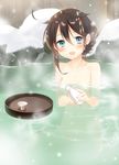  :d ahoge bathing blue_eyes blush bottle braid breasts brown_hair choko_(cup) collarbone cup fingernails hair_between_eyes hair_flaps hair_ornament hairpin holding holding_bottle kantai_collection looking_at_viewer naoto_(tulip) navel nude onsen open_mouth outdoors partially_submerged remodel_(kantai_collection) shigure_(kantai_collection) single_braid small_breasts smile snow snowing solo tokkuri 