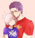  1girl alternate_costume arts_shirt blue_shirt blush buster_shirt commentary_request fate/grand_order fate_(series) father_and_daughter hair_over_one_eye lancelot_(fate/grand_order) looking_up mash_kyrielight nkdume_(dadadadann) pink_background purple_eyes purple_hair red_shirt shirt short_hair sweatdrop upper_body 
