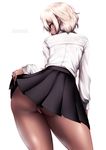  ass blonde_hair bra brown_eyes contrapposto dark_skin fingernails leaning_forward long_fingernails looking_at_viewer looking_back nail_art original pleated_skirt school_uniform see-through simple_background skirt skirt_lift solo souryu standing thick_thighs thighs thong underwear uniform white_background 
