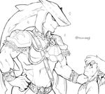  commentary greyscale hand_on_another's_shoulder height_difference link looking_up male_focus monochrome multiple_boys muscle pointy_ears ponytail sidon size_difference sparkle sweatdrop the_legend_of_zelda the_legend_of_zelda:_breath_of_the_wild twitter_username zerusagi zora 