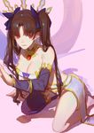  absurdres armlet bangs bare_shoulders black_hair breasts cleavage crown detached_sleeves earrings fate/grand_order fate_(series) hair_ribbon highres hoop_earrings ishtar_(fate/grand_order) jewelry kneeling long_hair long_legs medium_breasts parted_bangs red_cucumber red_eyes ribbon single_thighhigh solo thighhighs two_side_up 