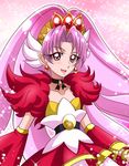  akagi_towa belt choker cowboy_shot cure_scarlet detached_sleeves earrings go!_princess_precure hanzou jewelry long_hair magical_girl pink pink_background pink_hair pointy_ears precure red_eyes red_skirt red_sleeves skirt smile solo sparkle tiara 