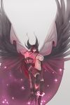  &gt;:( arm_cannon bangs bird_wings black_bow black_hair black_legwear black_skirt black_wings bow breasts cape feathered_wings frown full_body groin hair_bow highres huge_breasts long_hair looking_at_viewer navel red_eyes reiuji_utsuho shirt single_greave skirt solo sparkle spread_wings stomach swept_bangs thighhighs third_eye torn_clothes torn_shirt touhou uchisukui underboob v-shaped_eyebrows very_long_hair weapon wings 