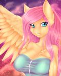  2017 anthro anthrofied breasts cheezayballz cleavage clothed clothing equine eyelashes feathered_wings feathers female fluttershy_(mlp) friendship_is_magic hair hand_on_breast hi_res long_hair looking_at_viewer mammal my_little_pony pegasus pink_hair solo teal_eyes wings yellow_feathers 