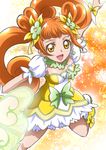  :d boots bow brown_hair choker cure_rosetta curly_hair dokidoki!_precure double_bun dress earrings flower green_bow green_choker hair_flower hair_ornament hanzou highres jewelry knee_boots long_hair looking_at_viewer magical_girl open_mouth orange_background precure smile solo sparkle star starry_background twintails yellow_dress yellow_eyes yellow_footwear yotsuba_alice 