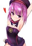  arm_up armpits bare_shoulders blush detached_sleeves fate/grand_order fate_(series) flat_chest hat helena_blavatsky_(fate/grand_order) highres looking_at_viewer muoto purple_eyes purple_hair short_hair smile solo strapless 
