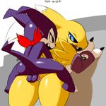  2016 against_wall anthro balls black_sclera blue_eyes bridal_gauntlets butt claws clothing digimon duo female fur impmon larger_female male open_mouth penetration penis renamon sex size_difference smaller_male vaginal vaginal_penetration white_eyes xylas yellow_fur 