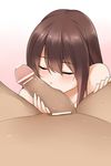  1girl akagi_(kantai_collection) bad_id bad_pixiv_id bangs brown_hair censored closed_eyes fellatio hetero kantai_collection kiss long_hair nude oral penis penis_kiss pointless_censoring pov solo_focus yostxxx 