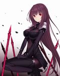  blurry bodysuit breasts covered_navel depth_of_field fate/grand_order fate_(series) gae_bolg highres kiyomin large_breasts long_hair looking_at_viewer pauldrons polearm purple_bodysuit purple_hair red_eyes scathach_(fate)_(all) scathach_(fate/grand_order) smile solo spear squatting weapon 