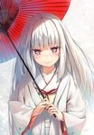  bangs commentary_request eyebrows_visible_through_hair highres holding holding_umbrella japanese_clothes kimono long_hair long_sleeves looking_at_viewer obi oriental_umbrella original purple_eyes sash smile solo umbrella upper_body white_hair white_kimono wide_sleeves wingheart 