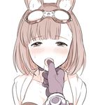  animal_ears blush calm_mashiro eyebrows_visible_through_hair finger_in_another's_mouth finger_in_mouth goggles goggles_on_head hound_(sekaiju) looking_at_viewer open_mouth pov sekaiju_no_meikyuu sekaiju_no_meikyuu_5 short_hair simple_background solo_focus tears white_background 