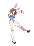  :d animal_ears black_footwear blue_leotard breasts brown_eyes brown_hair bunny_ears bunny_tail bunnysuit cleavage cuffs fake_animal_ears full_body gyosone hairband high_heels kill_la_kill kneehighs large_breasts legs_apart leotard looking_at_viewer mankanshoku_mako open_mouth outstretched_arm shoes short_hair simple_background smile solo tail tareme white_hairband white_legwear wrist_cuffs 