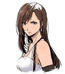  asymmetrical_bangs bangs breasts brown_eyes brown_hair cleavage collarbone earrings enami_katsumi final_fantasy final_fantasy_vii from_side jewelry long_hair looking_at_viewer medium_breasts parted_lips shirt simple_background sketch solo suspenders tifa_lockhart white_background white_shirt 