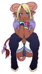  1girl abs blonde_hair blue_eyes chiba_toshirou earrings female horns looking_at_viewer minotaur monster_girl muscle scar solo tail 