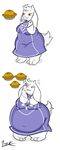  belly big_belly boss_monster bunearyk caprine clothed clothing female food fur goat mammal mature_female monster navel open_mouth overweight pie red_eyes stuffing toriel tuft undertale video_games weight_gain white_fur 