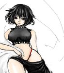  1girl armpits bare_legs black_hair blush breasts chinese_clothes crop_top curvy female fushoku houshin_engi looking_at_viewer midriff navel ou_kijin parted_lips purple_eyes short_hair smile solo thong wide_hips 