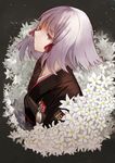  albino bangs fatal_frame fatal_frame_5 flower grey_hair hair_ribbon highres japanese_clothes kimono obi red_eyes ribbon sash sayuki_momone shiragiku_(fatal_frame) short_hair solo tress_ribbon 