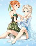  absurdres anna_(frozen) bare_shoulders blonde_hair blue_background blue_eyes blush braid disney elsa_(frozen) freckles frozen_(disney) green_eyes green_ribbon hair_ribbon highres holding_hands incest interlocked_fingers legs long_hair looking_at_viewer multiple_girls orange_hair pantyhose phanc ribbon short_hair siblings single_braid sisters snowflake_background white_legwear yuri 