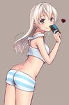  ass blush camisole crop_top crop_top_overhang eila_ilmatar_juutilainen long_hair looking_at_viewer looking_back momiji7728 purple_eyes short_shorts shorts silver_hair simple_background smile solo strike_witches striped striped_shorts world_witches_series 