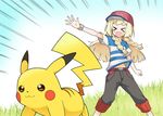  absurdres blonde_hair cosplay gen_1_pokemon highres lillie_(pokemon) long_hair nanakusa_amane pikachu pokemon pokemon_(creature) satoshi_(pokemon) satoshi_(pokemon)_(cosplay) shirt striped striped_shirt z-ring 