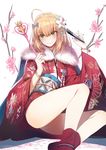  artoria_pendragon_(all) blonde_hair clare_(543) fate/stay_night fate_(series) green_eyes highres japanese_clothes kimono looking_at_viewer nengajou new_year saber short_hair smile solo 