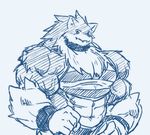  abs anthro belt biceps black_nose canine clothed clothing fur huge_muscles kuroma looking_at_viewer male mammal monochrome muscular pants pecs shirt simple_background sketch smile snout triceps wolf 