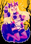  animal_ears blonde_hair blush boots bow cosplay dangerous_beast elbow_gloves embarrassed facial_mark fangs fate/grand_order fate_(series) flat_chest full-face_blush fur-trimmed_gloves fur-trimmed_legwear fur_trim gloves halloween halloween_costume high_heel_boots high_heels hizuki_mai horns ibaraki_douji_(fate/grand_order) lace lace-trimmed_thighhighs long_hair mash_kyrielight mash_kyrielight_(cosplay) o-ring o-ring_top oni oni_horns open_mouth panties purple_gloves purple_legwear red_bow revealing_clothes solo tail tears thigh_boots thighhighs underwear wolf_ears wolf_tail yellow_eyes 