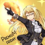  1girl arm_up belt black_gloves blonde_hair commentary_request english_text eyes_closed food friday_(granblue_fantasy) glasses gloves granblue_fantasy grimjin highres long_hair pointing ribbon smile solo sparkle tempura yellow_background 