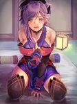  asymmetrical_hair bare_shoulders black_legwear blue_eyes blush breasts collarbone commentary_request detached_sleeves earrings fate/grand_order fate_(series) full_body futon hair_ornament japanese_clothes jewelry lantern lavender_hair looking_at_viewer medium_breasts miyamoto_musashi_(fate/grand_order) nochita_shin open_mouth ponytail seiza sitting solo teeth thighhighs 
