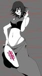  1girl bare_legs blush breasts chinese_clothes crop_top female fushoku houshin_engi large_breasts looking_at_viewer monochrome ou_kijin short_hair smile solo tattoo thong 